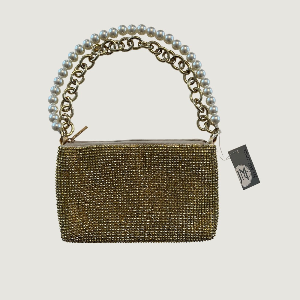 Jessica McClintock Gold Rhinestone Mesh Pearl Chain Evening Clutch Handbag NEW
